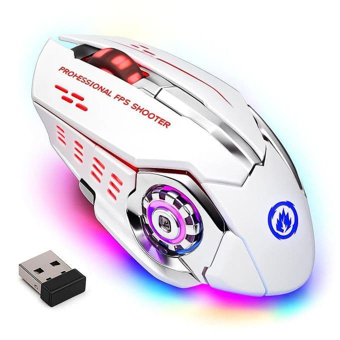 Souris de jeu professionnelle sans fil 2.4G rechargeable (blanche), changement de couleur avec 6 boutons DPI 800/1200/1600 pour ordinateur portable de jeu pro, PC, ordinateur portable, ordinateur